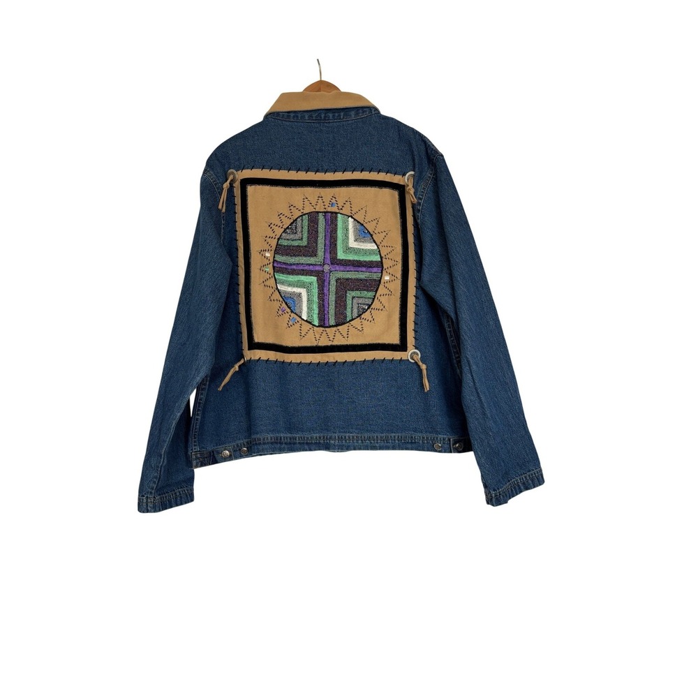 Vintage Denim Jacket Womens Size Large Beaded Back Patch Southwestern Rodeo